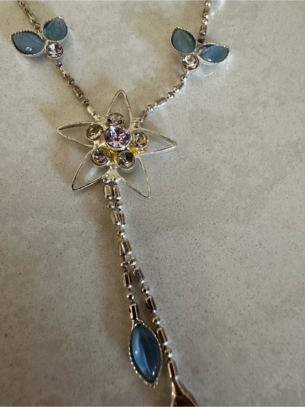 Silver Floral Drop Necklace with Blue and Lavender Stones